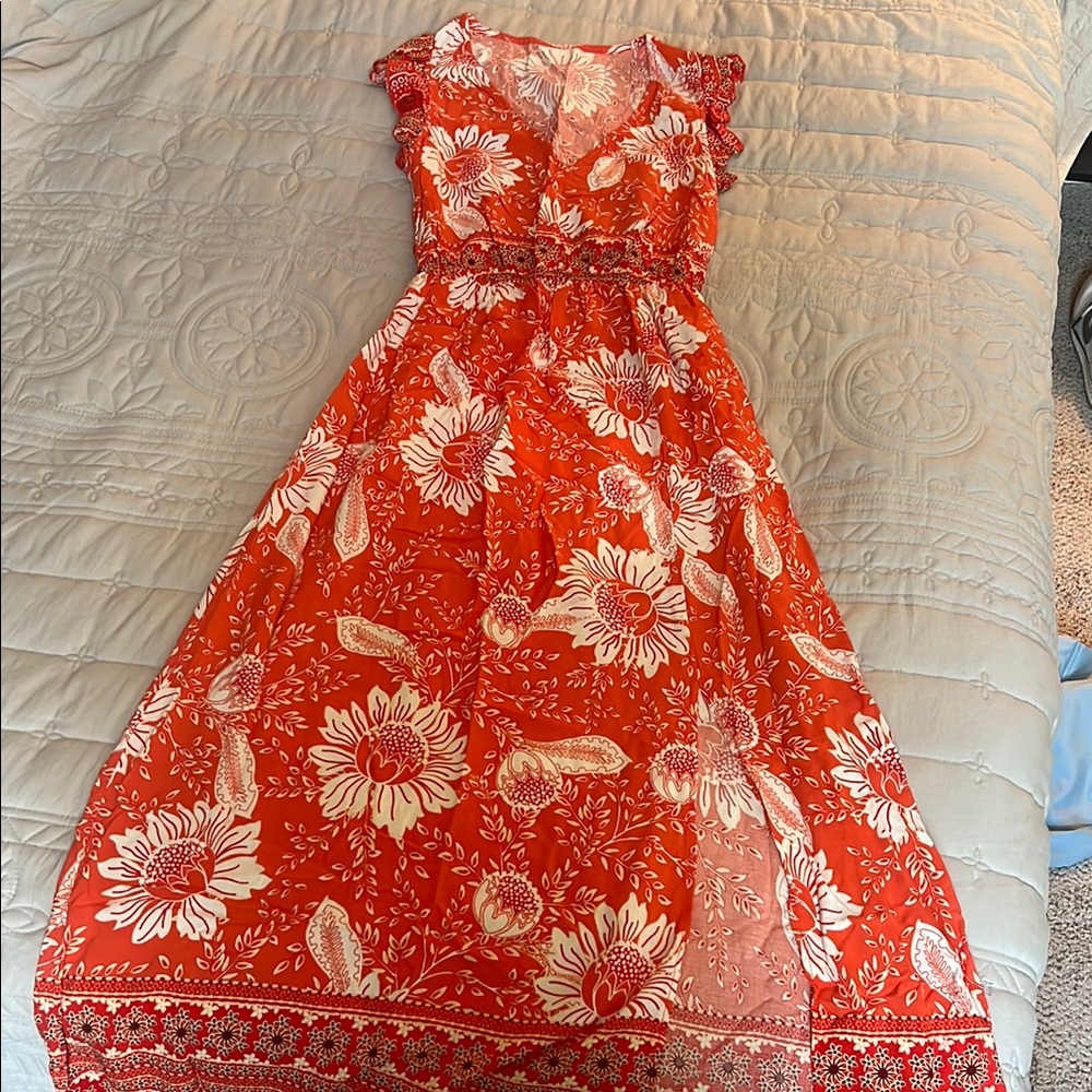 NWOT Orange & Red Maxi Sundress with Flutter Sleeves and V-neck
